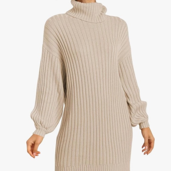 NWOT Logene Women's Sweater Dress - Ribbed - Turtleneck - Pullover Beige Size M - Picture 2 of 6